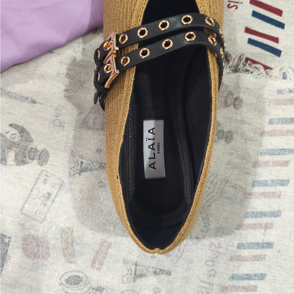 Alaia Camel Woven Mary Jane Flats with Black Studded Strap - Picture 2 of 7